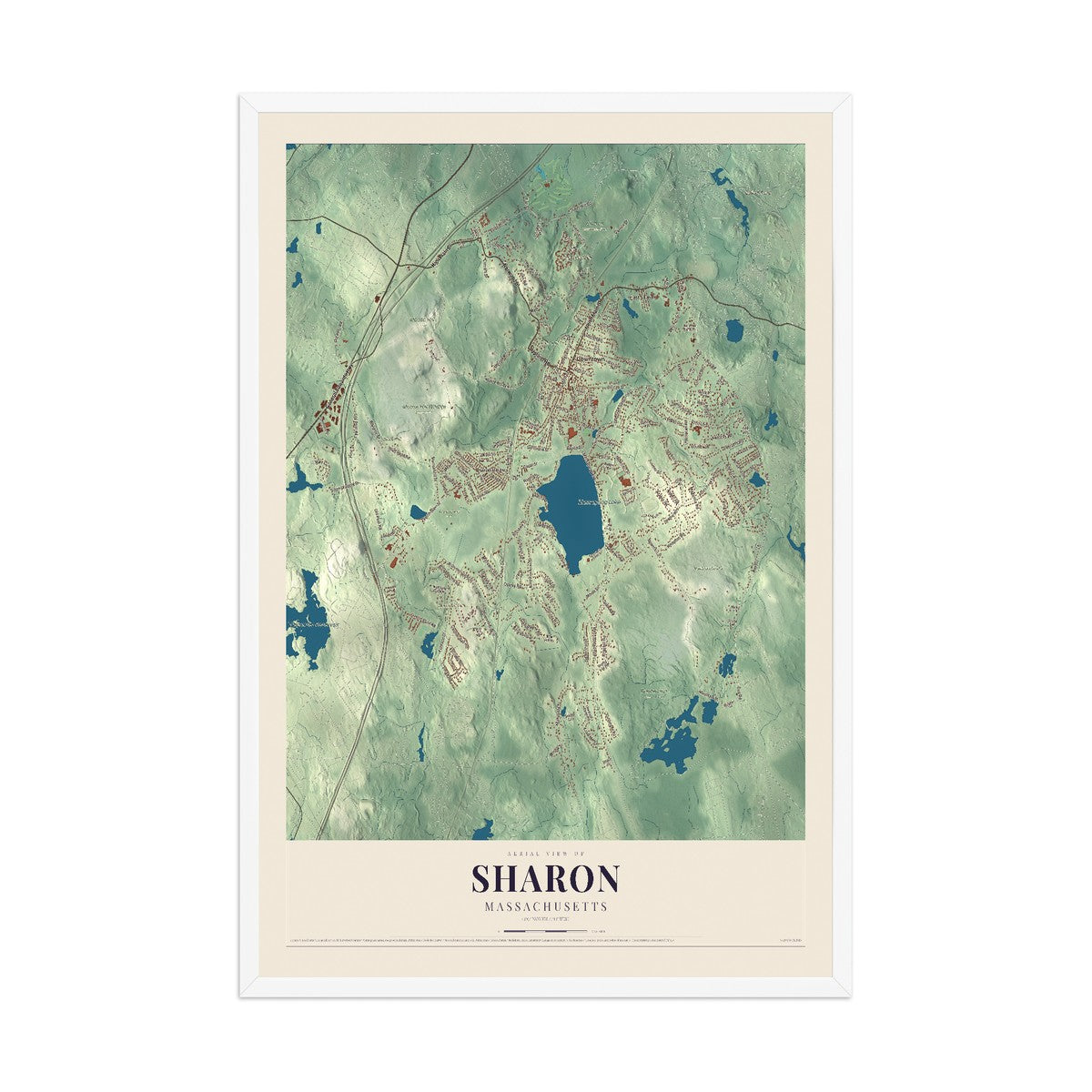 Map of Sharon, Massachusetts, 12 x 18 inch print in a white wood frame