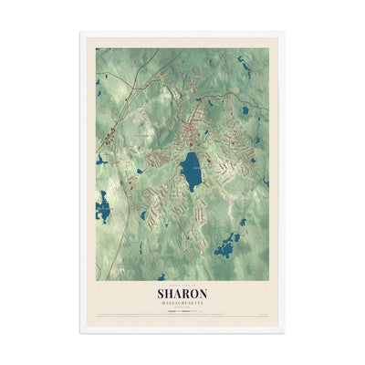 Map of Sharon, Massachusetts, 12 x 18 inch print in a white wood frame