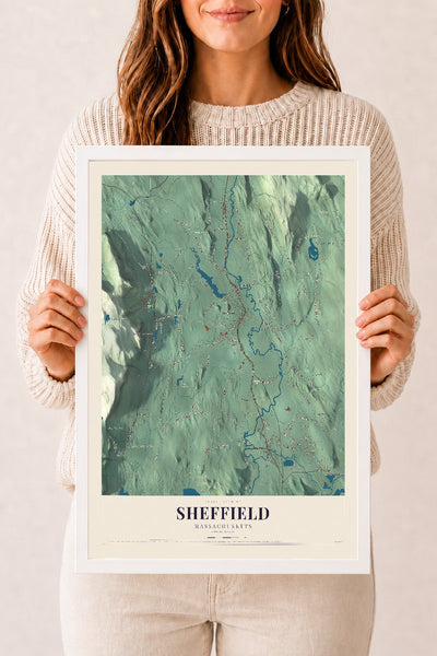 Sheffield, Massachusetts map print - 12 x 18 white Ayous wood frame