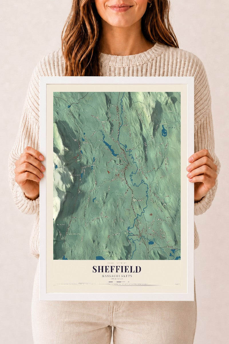Sheffield, Massachusetts map print - 12 x 18 white Ayous wood frame