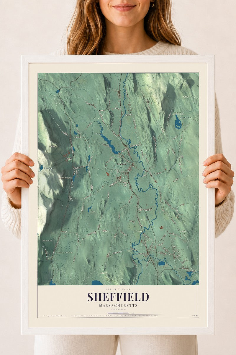 Sheffield, Massachusetts map print - 18 x 24 white Ayous wood frame