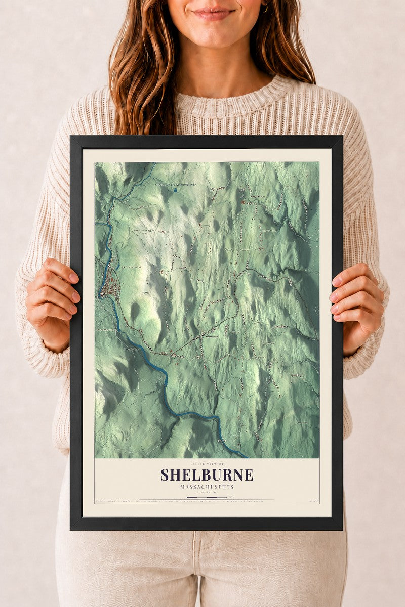 Shelburne, Massachusetts map print - 12 x 18 black Ayous wood frame