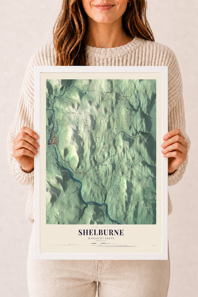 Shelburne, Massachusetts map print - 12 x 18 white Ayous wood frame