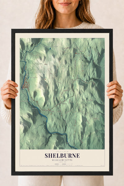 Shelburne, Massachusetts map print - 18 x 24 black Ayous wood frame