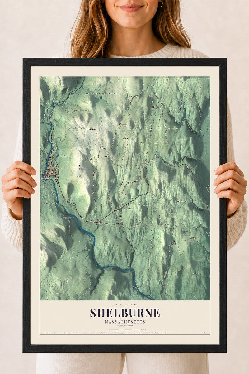 Shelburne, Massachusetts map print - 18 x 24 black Ayous wood frame