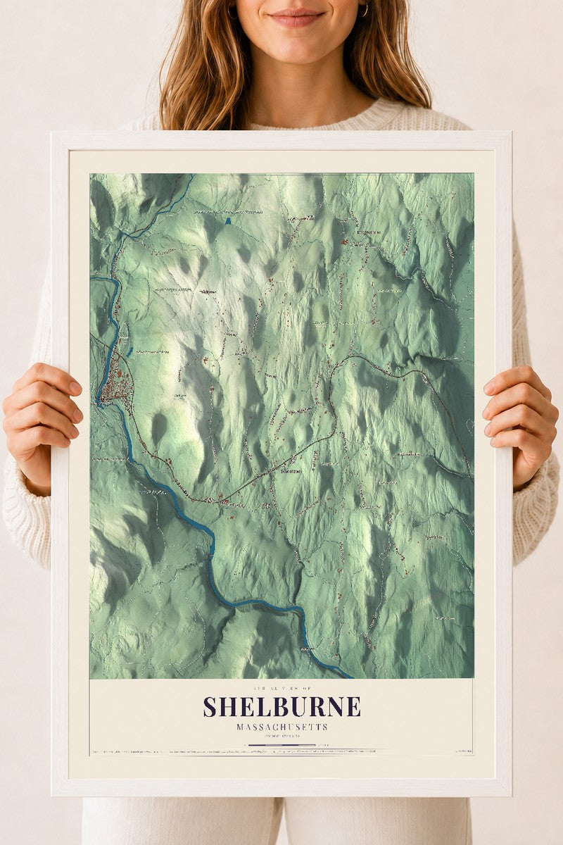 Shelburne, Massachusetts map print - 18 x 24 white Ayous wood frame