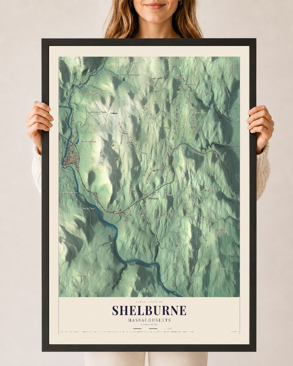 Shelburne, Massachusetts map print - 24 x 36 black Ayous wood frame