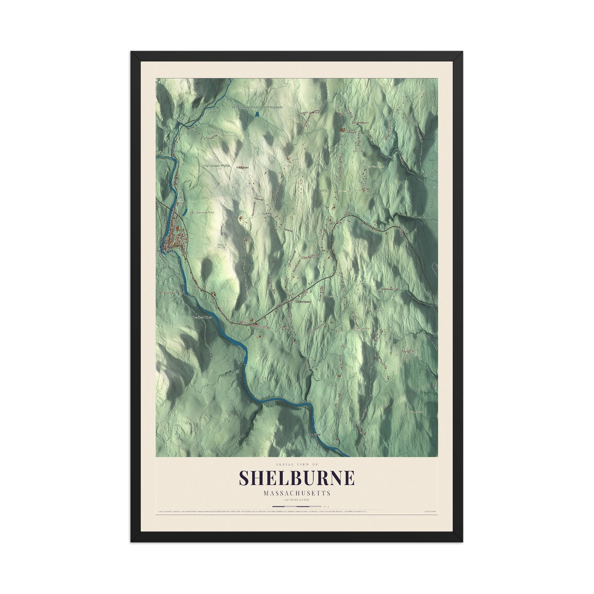 Map of Shelburne, Massachusetts, 12 x 18 inch print in a black wood frame