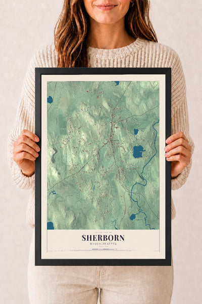 Sherborn, Massachusetts map print - 12 x 18 black Ayous wood frame