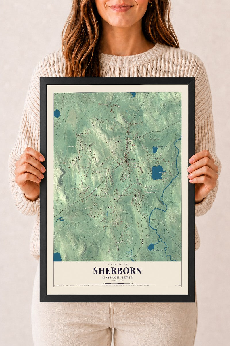 Sherborn, Massachusetts map print - 12 x 18 black Ayous wood frame