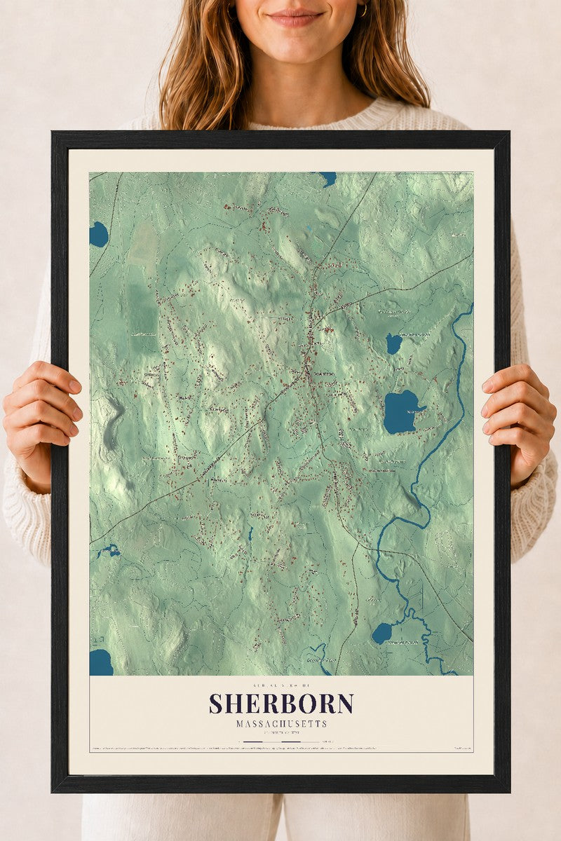 Sherborn, Massachusetts map print - 18 x 24 black Ayous wood frame