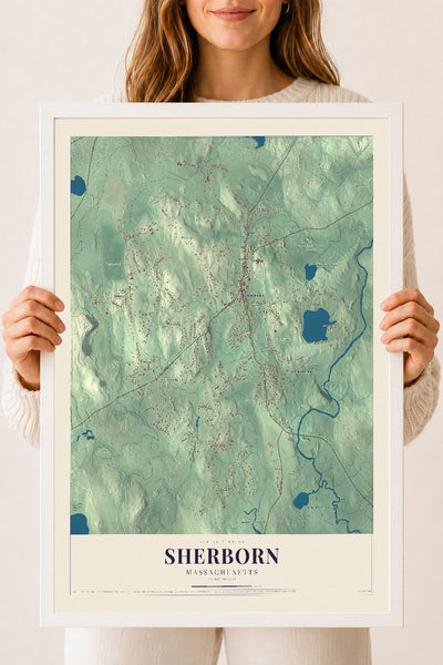 Sherborn, Massachusetts map print - 18 x 24 white Ayous wood frame