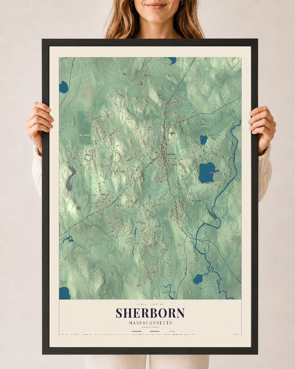 Sherborn, Massachusetts map print - 24 x 36 black Ayous wood frame