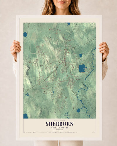 Sherborn, Massachusetts map print - 24 x 36 white Ayous wood frame