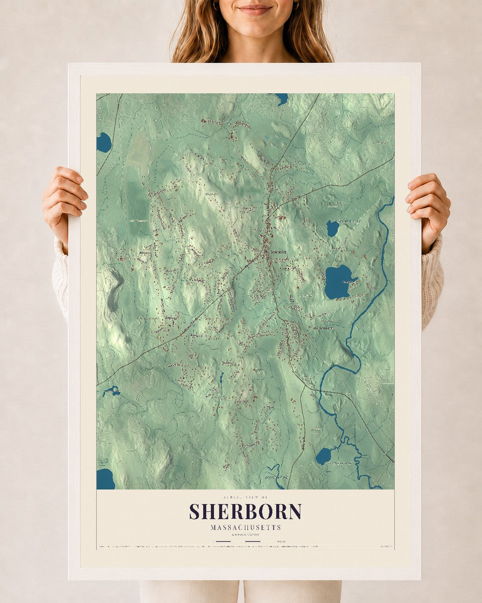 Sherborn, Massachusetts map print - 24 x 36 white Ayous wood frame