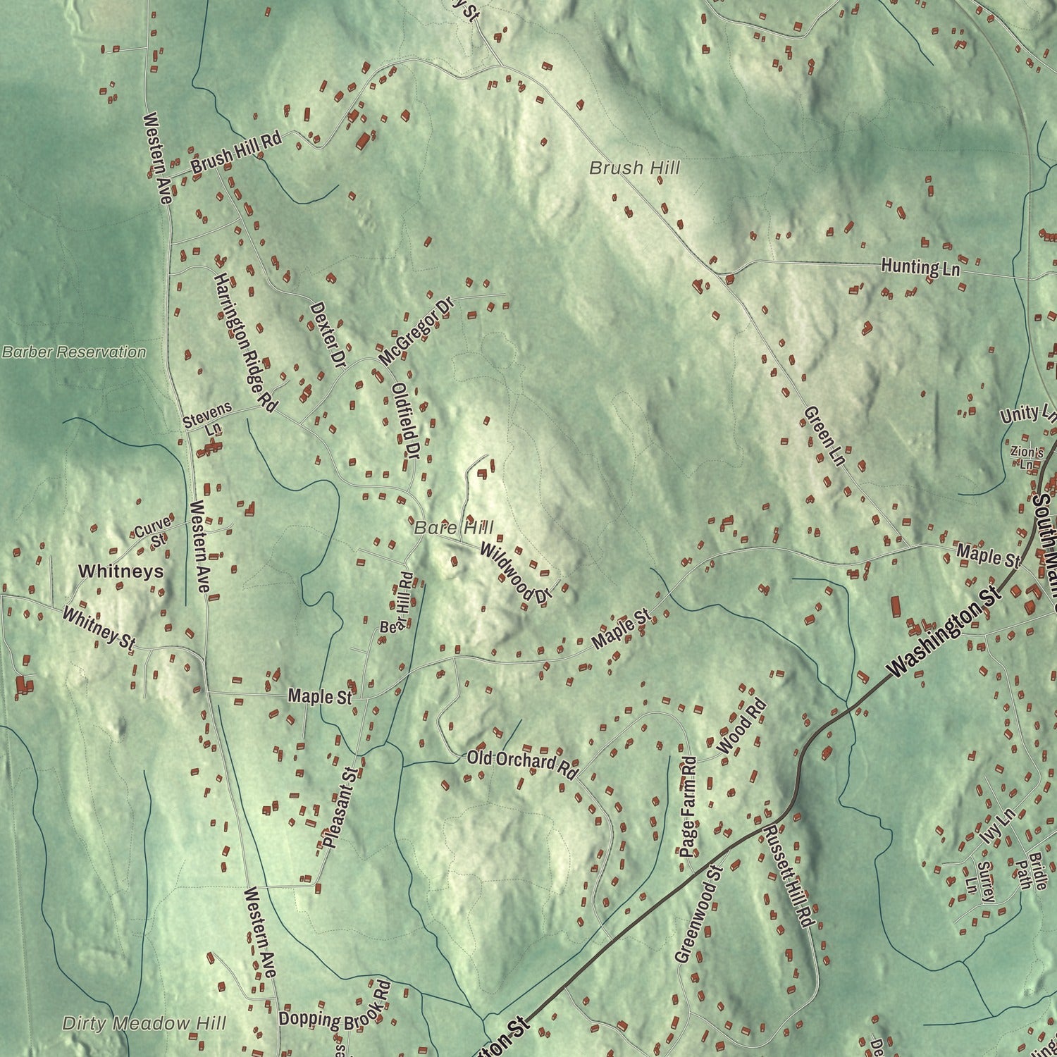 Terrain and local geography detail from the Sherborn, Massachusetts map