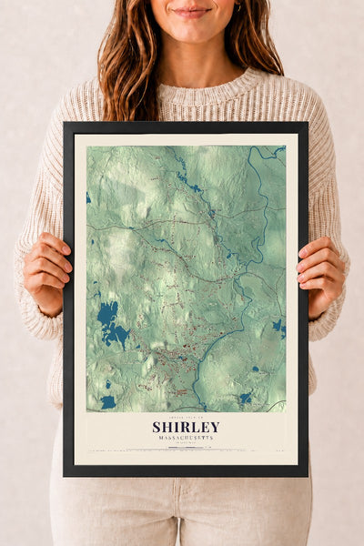 Shirley, Massachusetts map print - 12 x 18 black Ayous wood frame