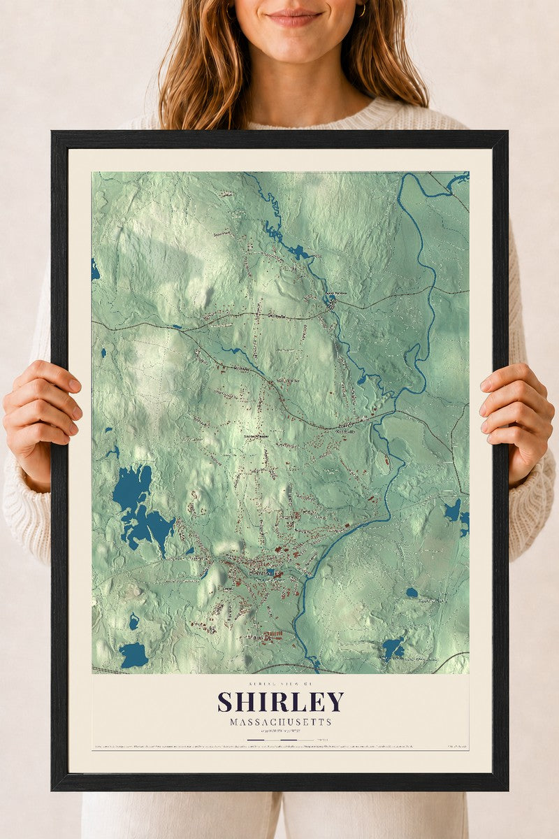 Shirley, Massachusetts map print - 18 x 24 black Ayous wood frame
