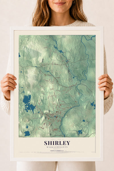 Shirley, Massachusetts map print - 18 x 24 white Ayous wood frame