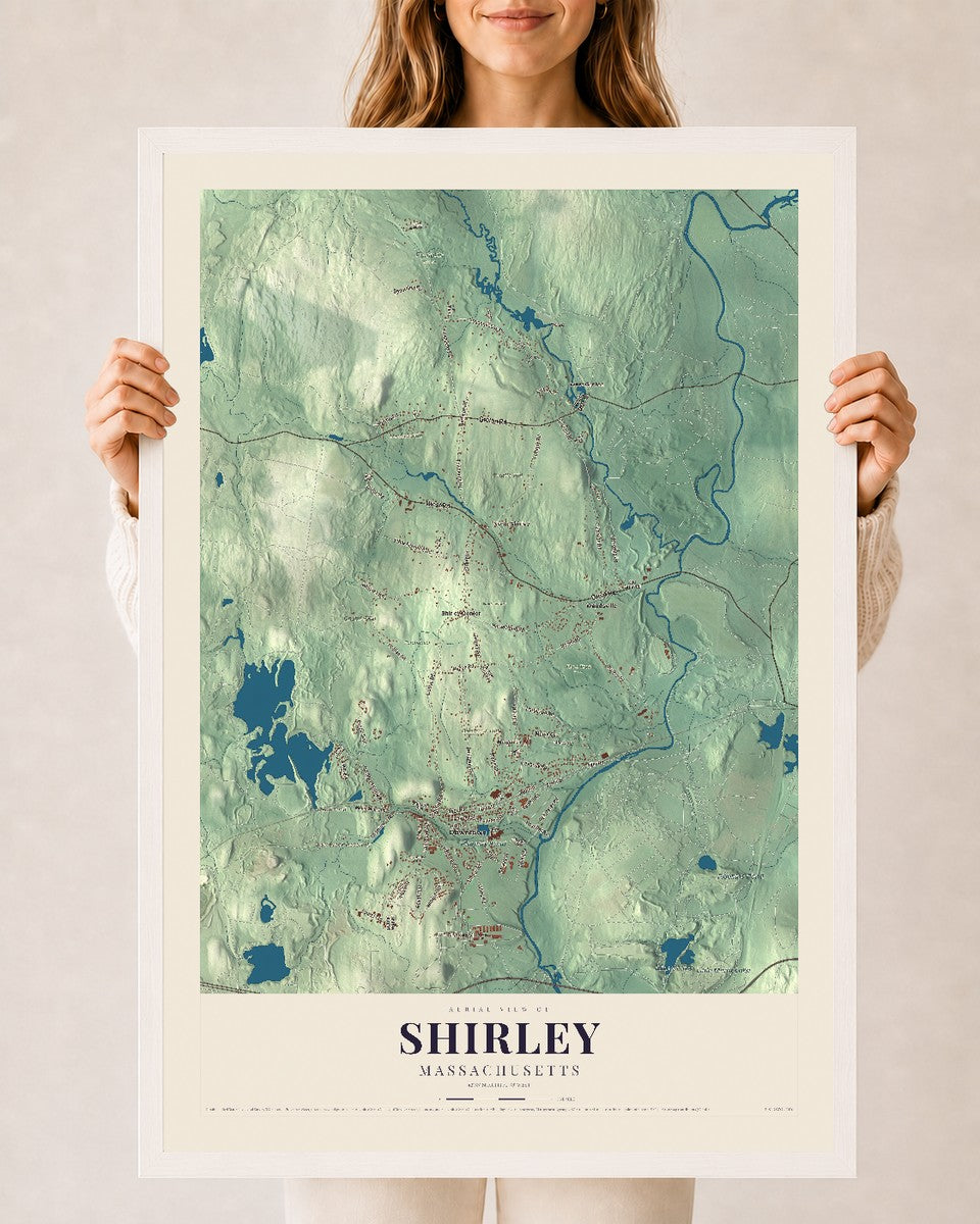 Shirley, Massachusetts map print - 24 x 36 white Ayous wood frame