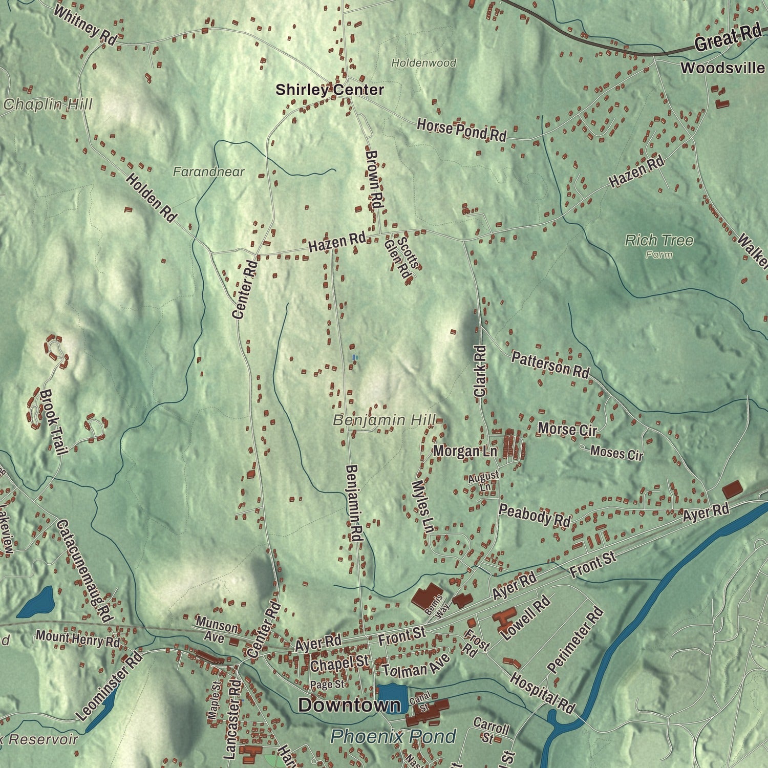 Terrain and local geography detail from the Shirley, Massachusetts map