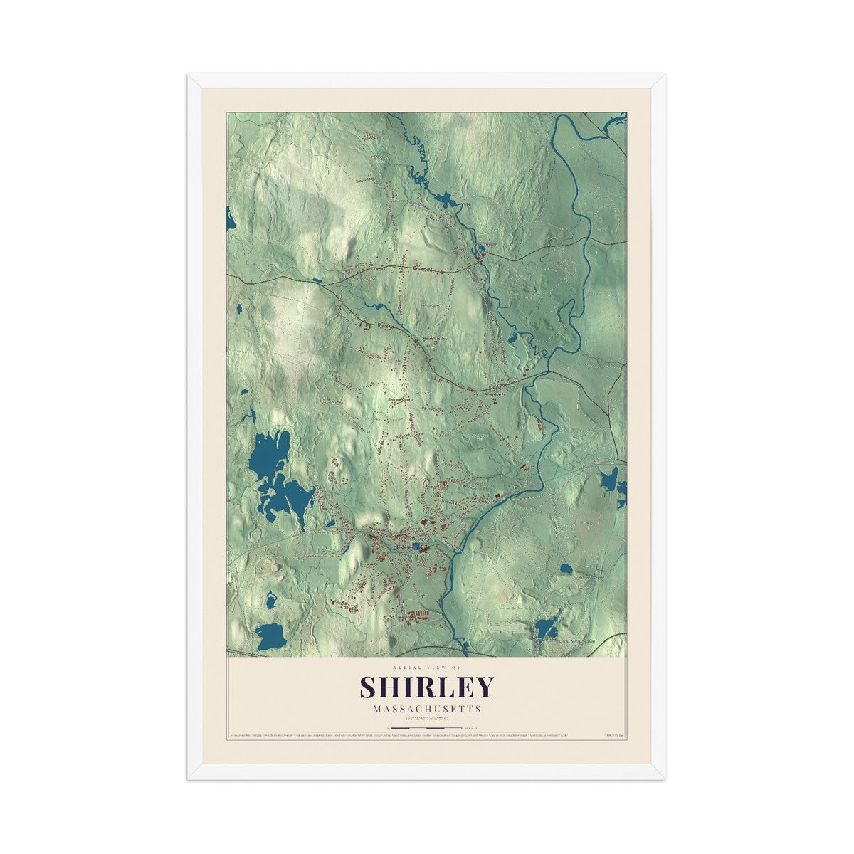 Map of Shirley, Massachusetts, 12 x 18 inch print in a white wood frame