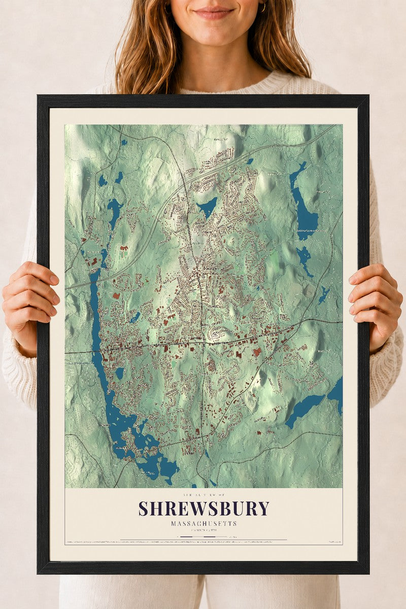 Shrewsbury, Massachusetts map print - 18 x 24 black Ayous wood frame