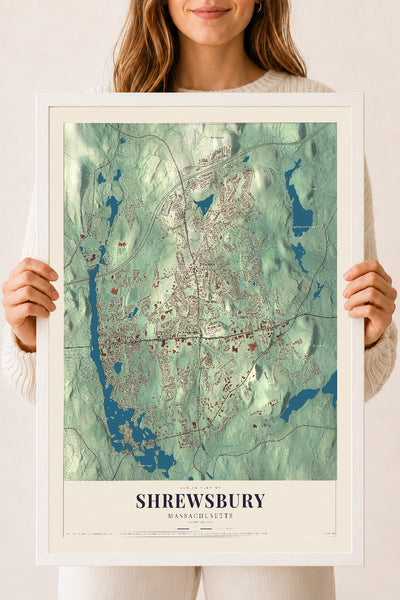 Shrewsbury, Massachusetts map print - 18 x 24 white Ayous wood frame