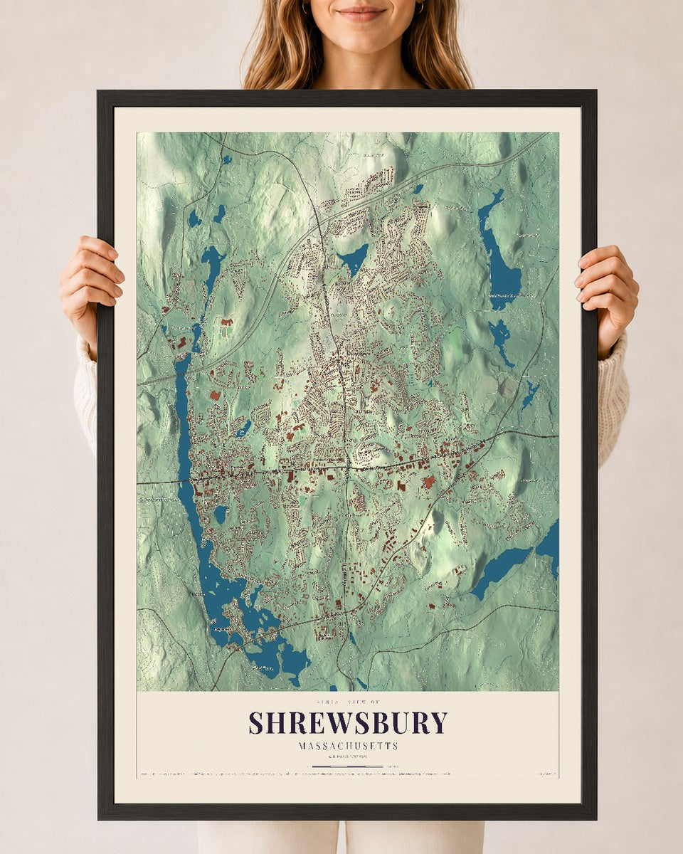 Shrewsbury, Massachusetts map print - 24 x 36 black Ayous wood frame
