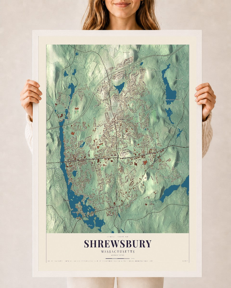Shrewsbury, Massachusetts map print - 24 x 36 white Ayous wood frame