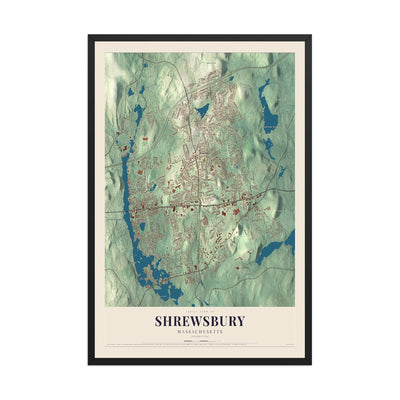 Map of Shrewsbury, Massachusetts, 12 x 18 inch print in a black wood frame