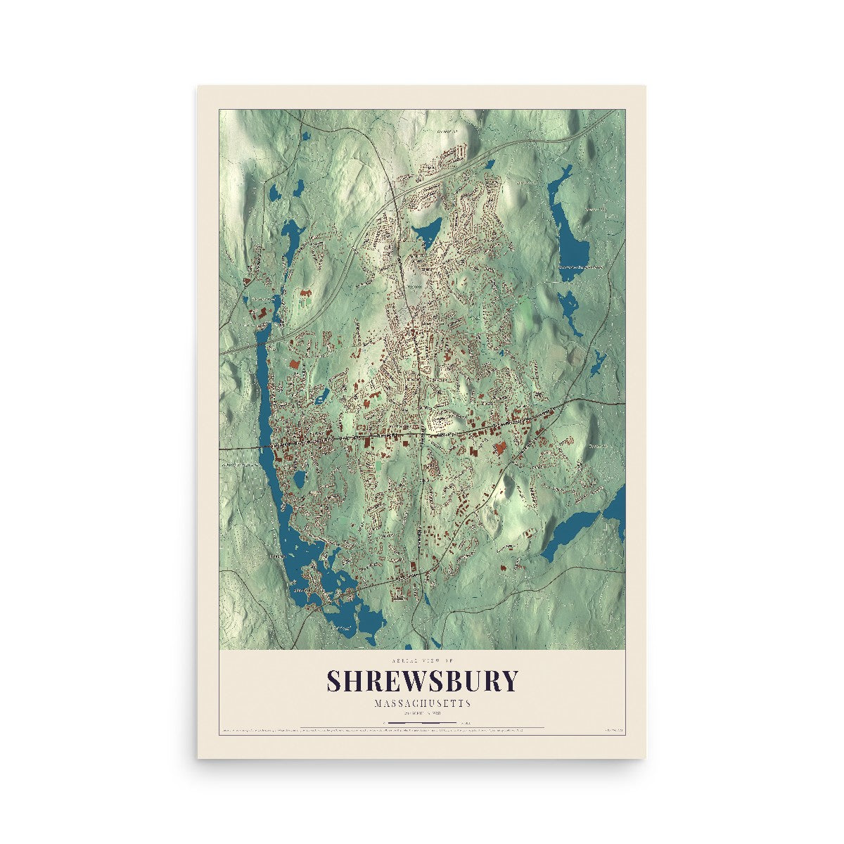 Map of Shrewsbury, Massachusetts, 12 x 18 inch unframed archival matte print