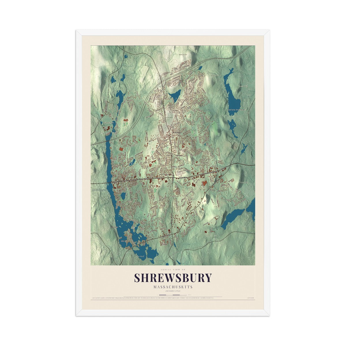 Map of Shrewsbury, Massachusetts, 12 x 18 inch print in a white wood frame