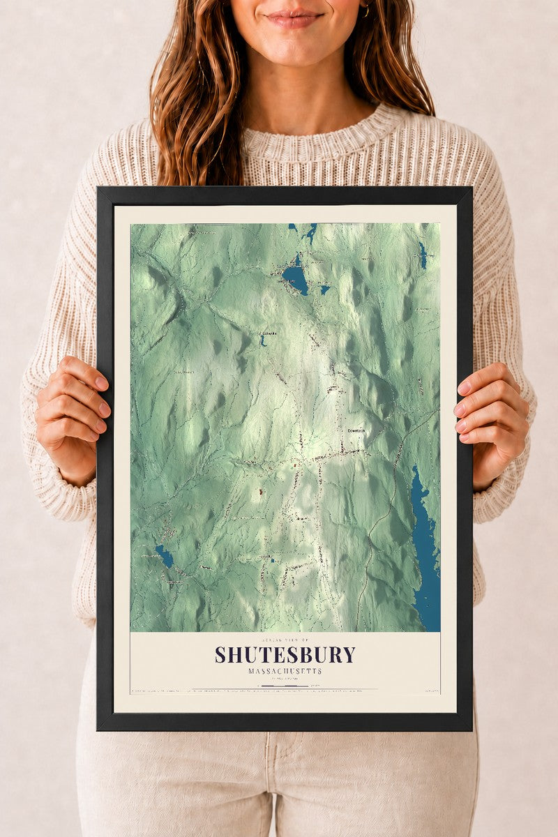 Shutesbury, Massachusetts map print - 12 x 18 black Ayous wood frame