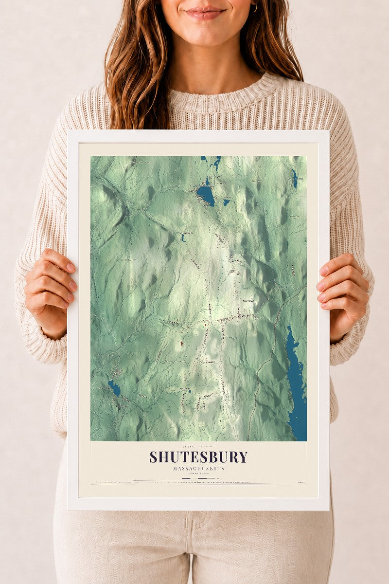Shutesbury, Massachusetts map print - 12 x 18 white Ayous wood frame