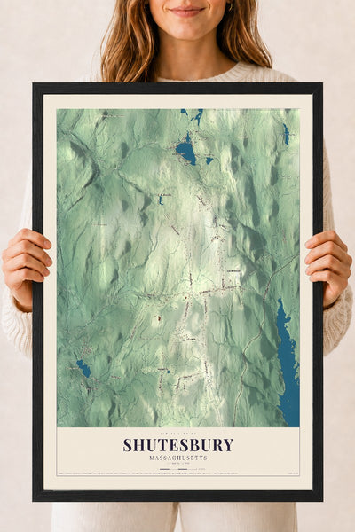 Shutesbury, Massachusetts map print - 18 x 24 black Ayous wood frame
