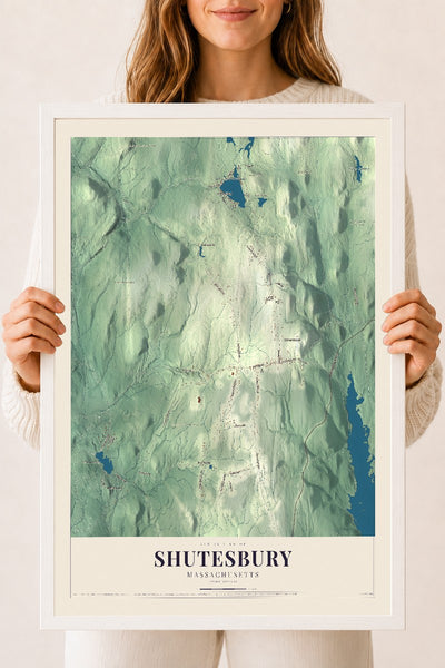 Shutesbury, Massachusetts map print - 18 x 24 white Ayous wood frame