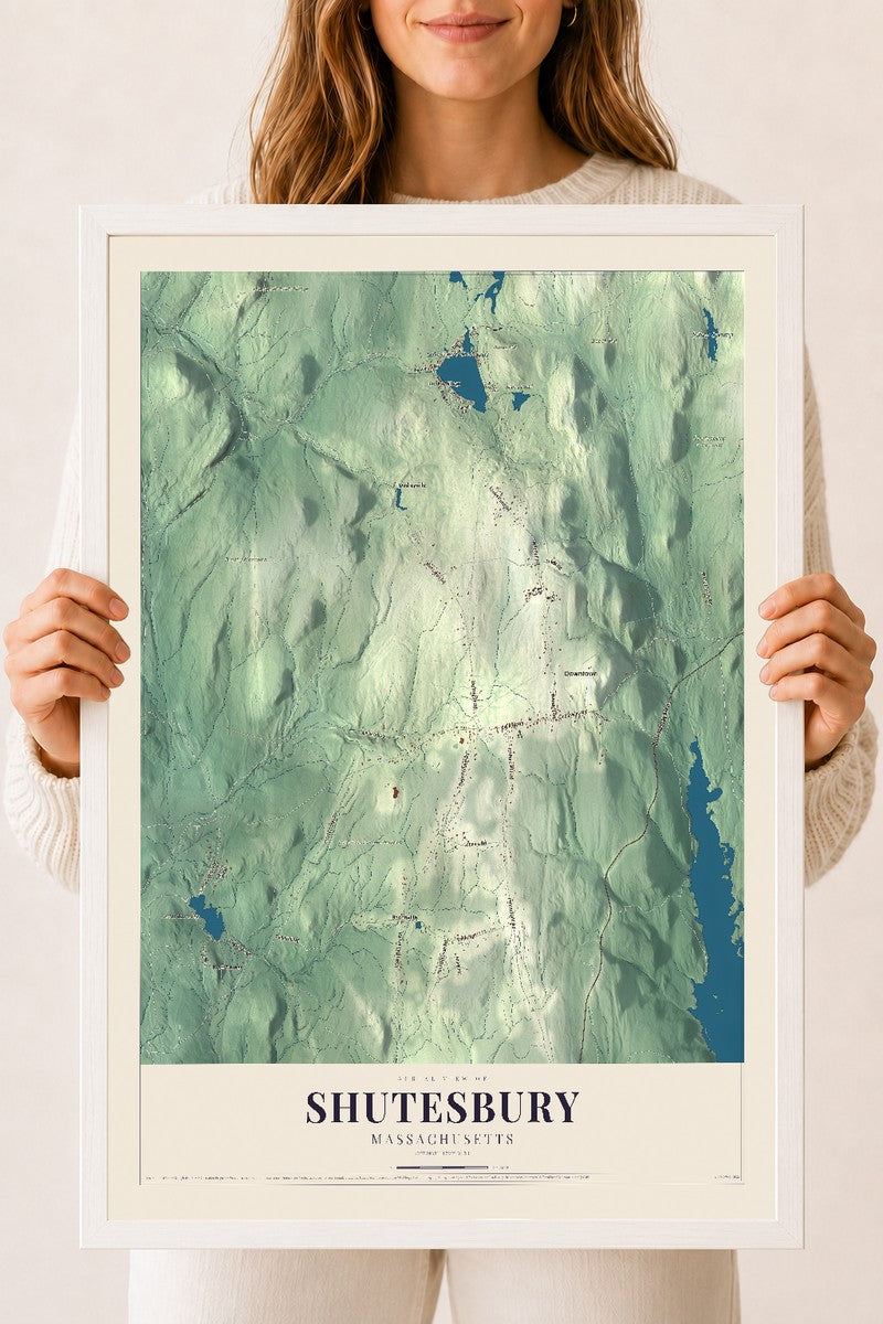 Shutesbury, Massachusetts map print - 18 x 24 white Ayous wood frame