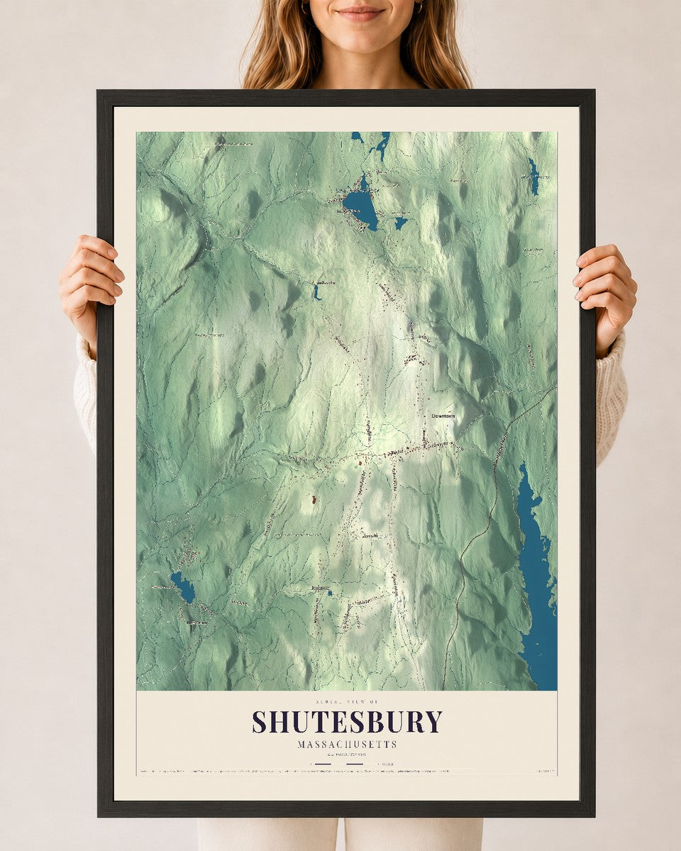Shutesbury, Massachusetts map print - 24 x 36 black Ayous wood frame