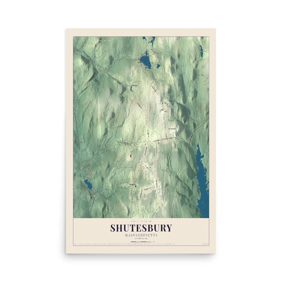 Map of Shutesbury, Massachusetts, 12 x 18 inch unframed archival matte print
