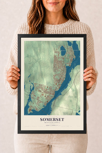 Somerset, Massachusetts map print - 12 x 18 black Ayous wood frame