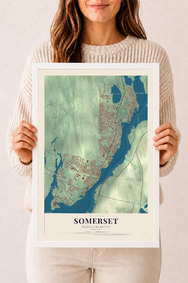 Somerset, Massachusetts map print - 12 x 18 white Ayous wood frame