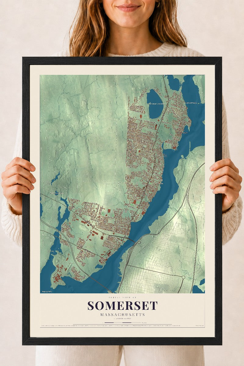 Somerset, Massachusetts map print - 18 x 24 black Ayous wood frame
