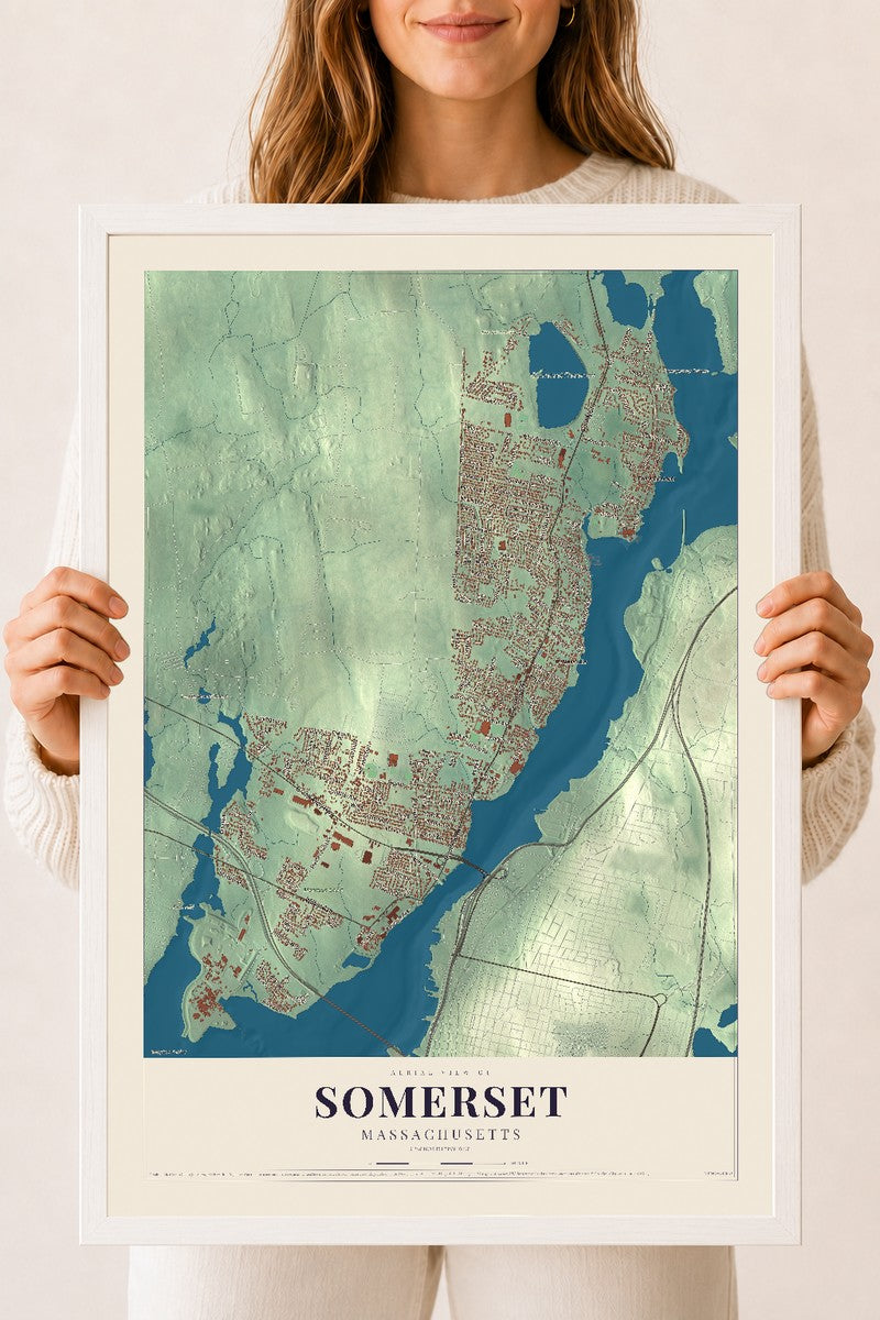 Somerset, Massachusetts map print - 18 x 24 white Ayous wood frame