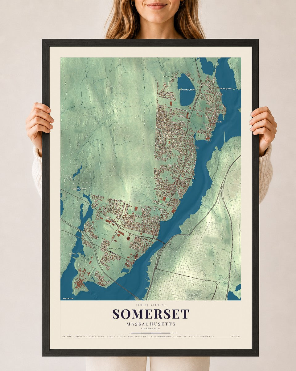 Somerset, Massachusetts map print - 24 x 36 black Ayous wood frame