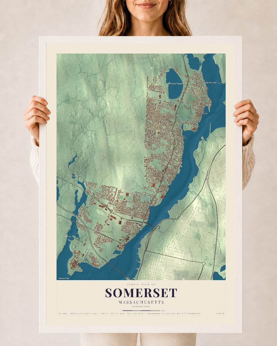 Somerset, Massachusetts map print - 24 x 36 white Ayous wood frame