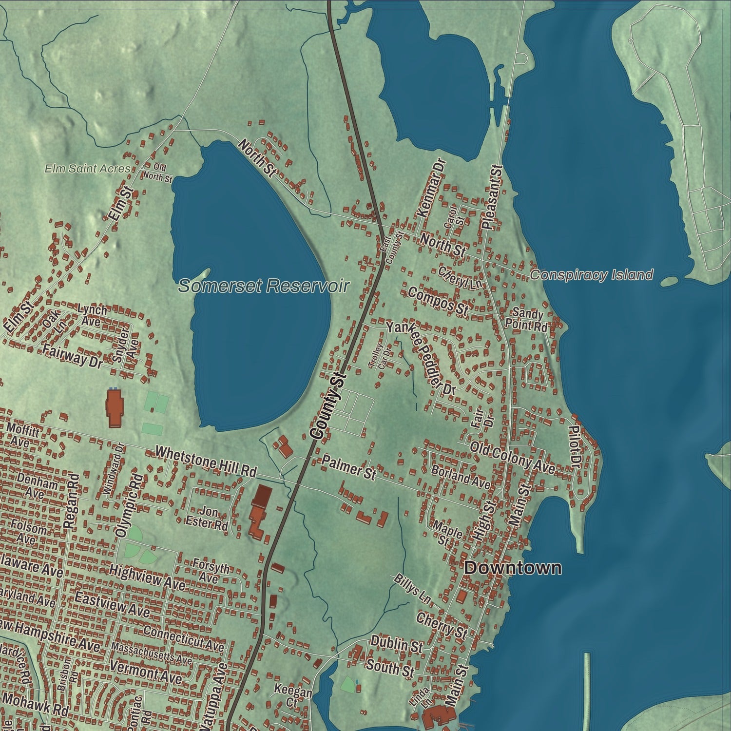 Terrain and local geography detail from the Somerset, Massachusetts map