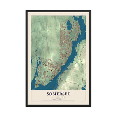 Map of Somerset, Massachusetts, 12 x 18 inch print in a black wood frame