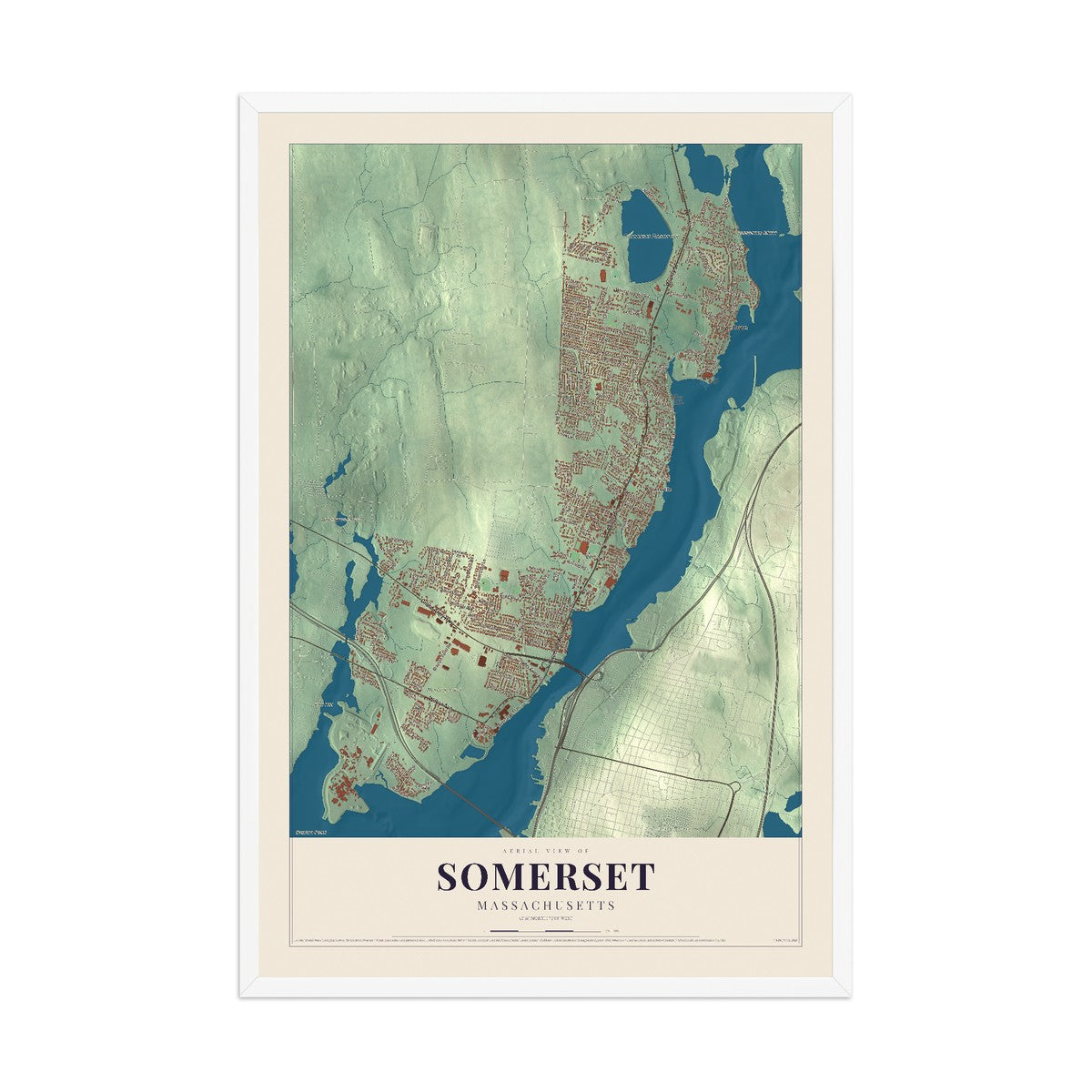 Map of Somerset, Massachusetts, 12 x 18 inch print in a white wood frame
