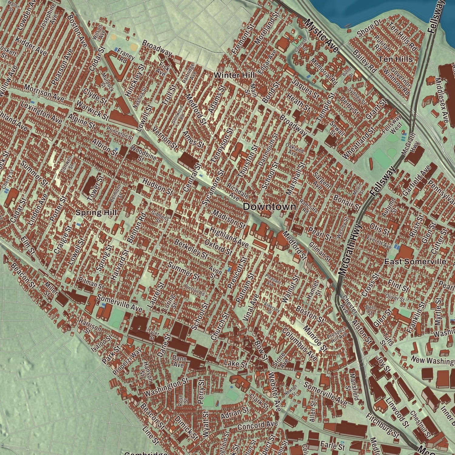 Street and neighborhood detail from the Somerville, Massachusetts map
